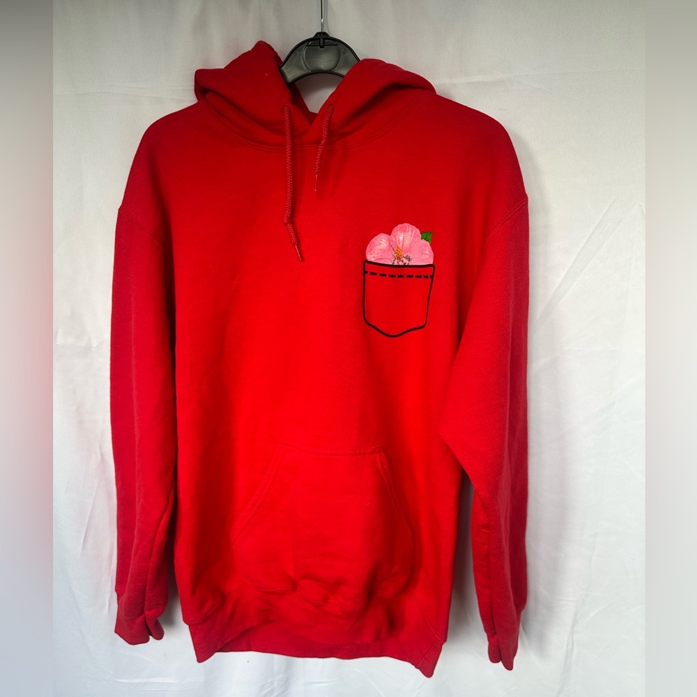 Red Hoodie with Floral Pocket
